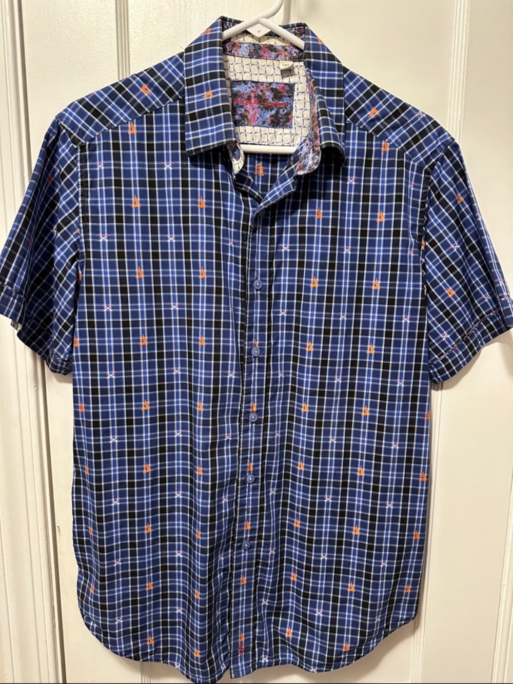 Robert Graham Navy Blue Plaid Short-Sleeve Button-Down with Orange Accents